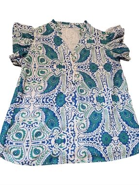 Paisley Ruffle Sleeve V-Neck Women’s Blouse in Blue & Green